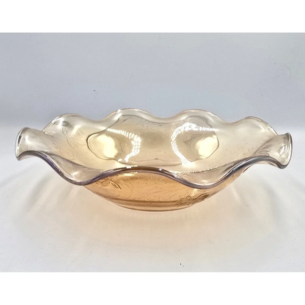 Ruffled Edge Louisa Amber Iridescent Floragold Embossed Depression Glass Dish 9
